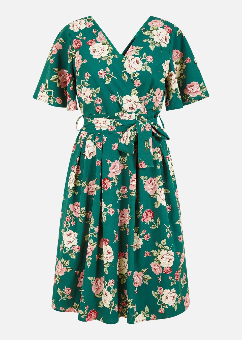 Mela Floral Wrap Dress With Angel Sleeve In Green