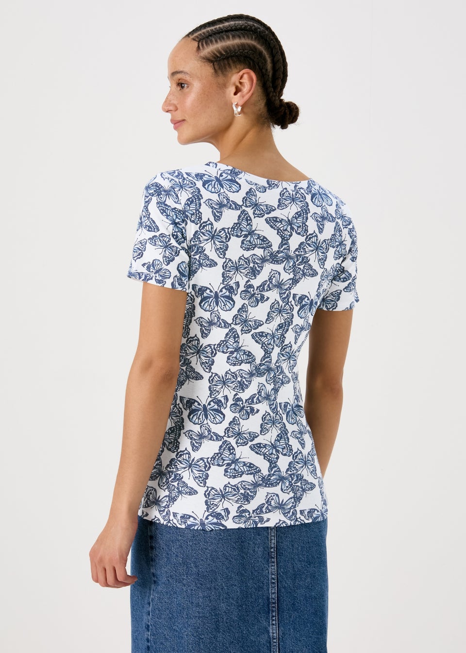White & Navy Butterfly Print Short Sleeve Top