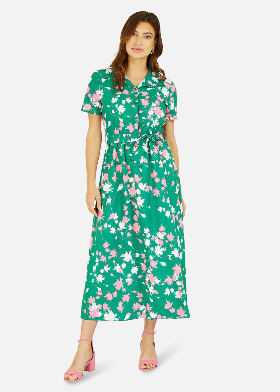 Yumi Green Floral Print Midi Shirt Dress