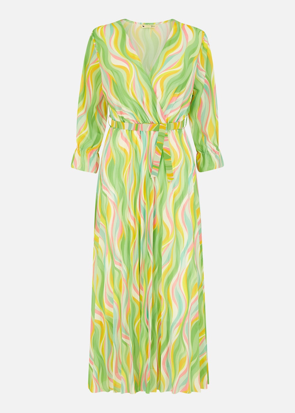 Yumi Green Swirl Print Pleated Dress With Belt
