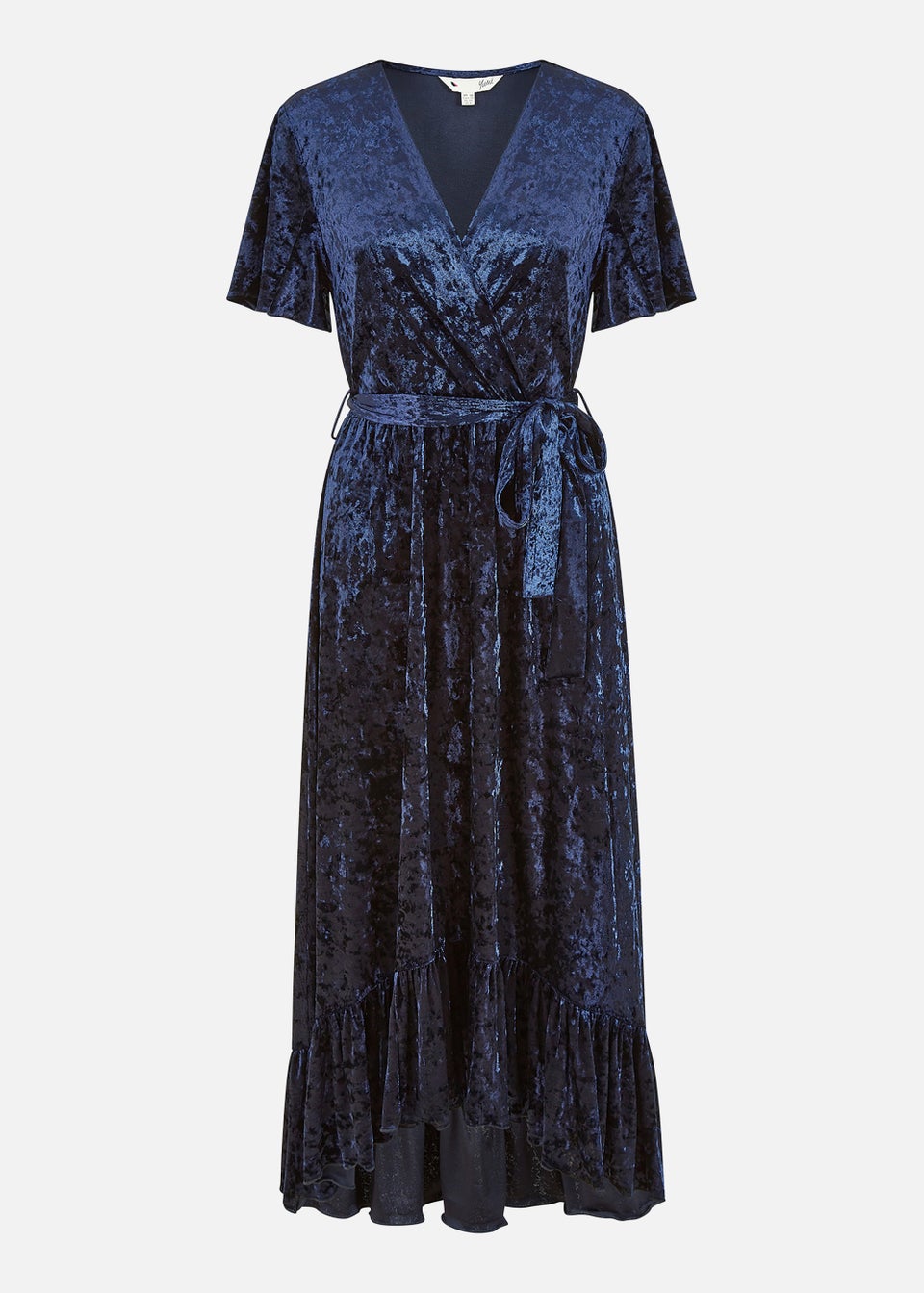 Yumi Velvet Wrap Over Angel Sleeve Midi Dress In Navy Matalan