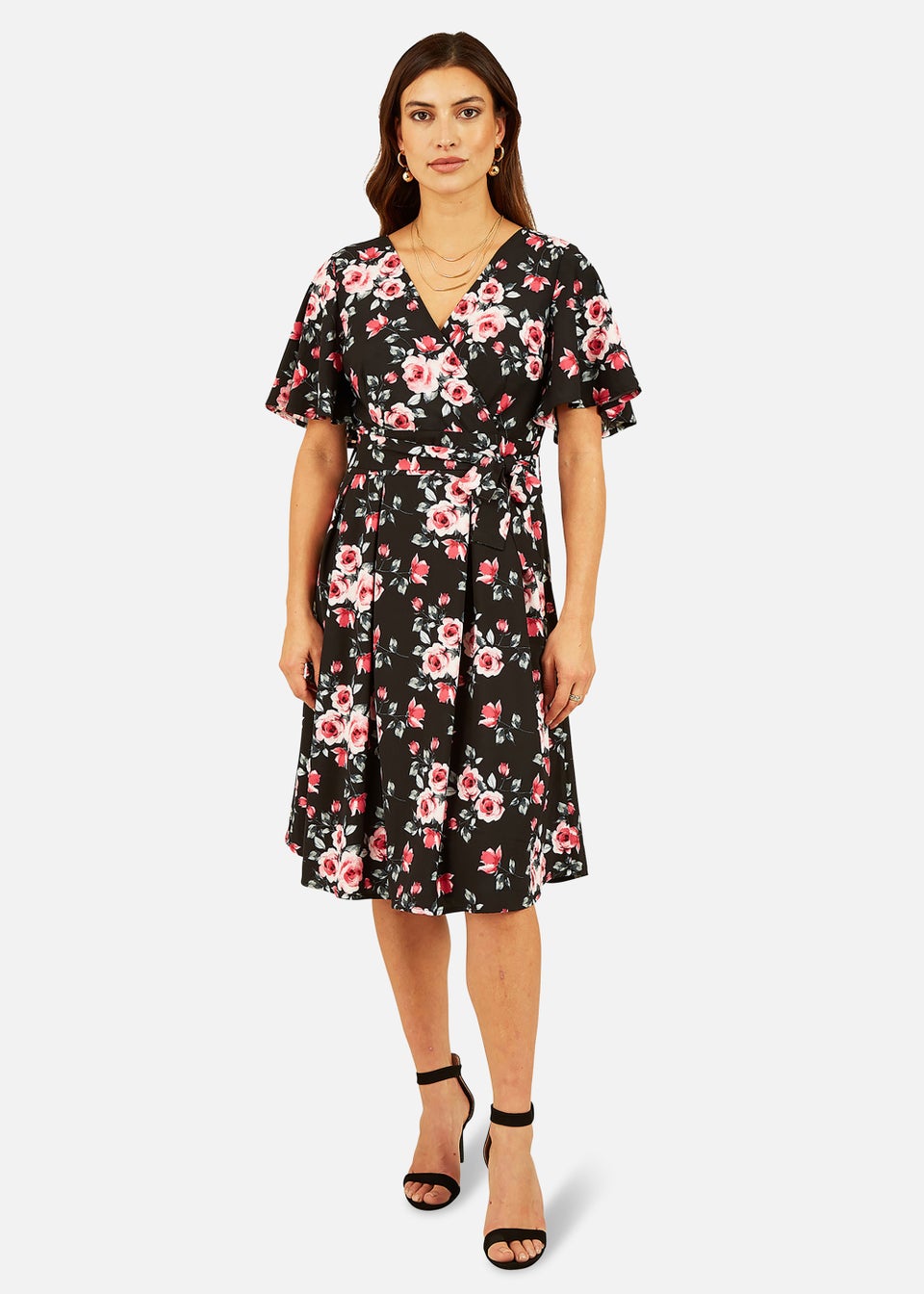 Mela Floral Wrap Dress With Angel Sleeve In Black - Matalan