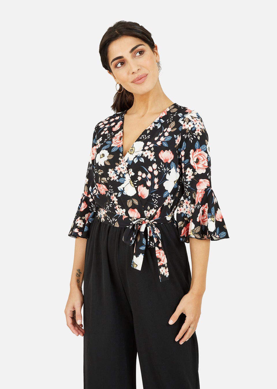 Mela Two Tone Wrap Front Floral Jumpsuit in Black Matalan
