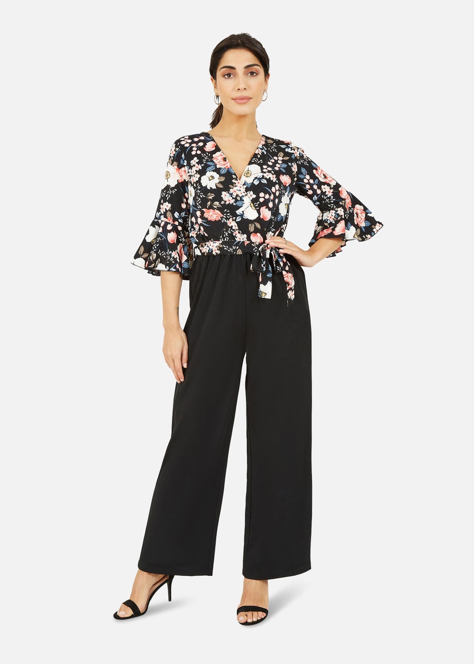 Mela Two Tone Wrap Front Floral Jumpsuit in Black Matalan