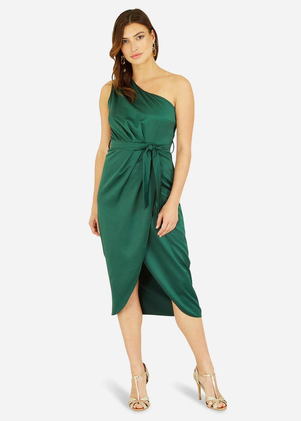 Mela Green Satin One Shoulder Wrap Dress