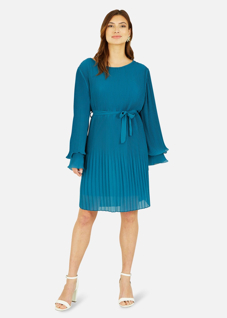 Mela Pleated Dress With Double Fluted Long Sleeves In Teal