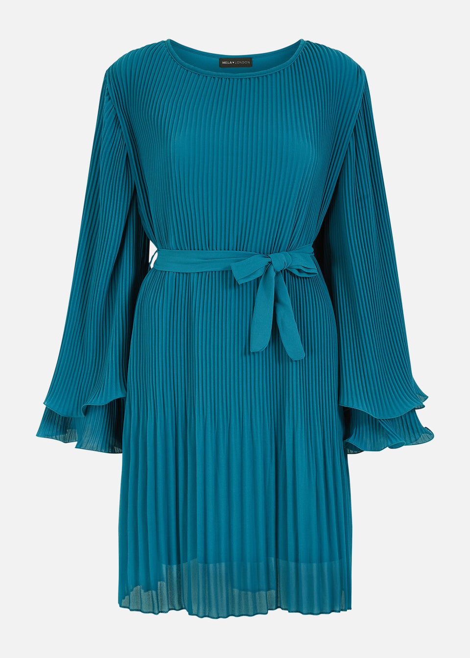 Mela Pleated Dress With Double Fluted Long Sleeves In Teal