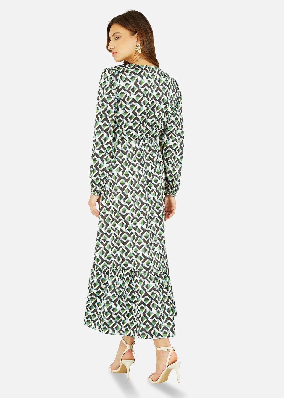 Yumi Geo Print Wrap Satin Midi Dress In Green