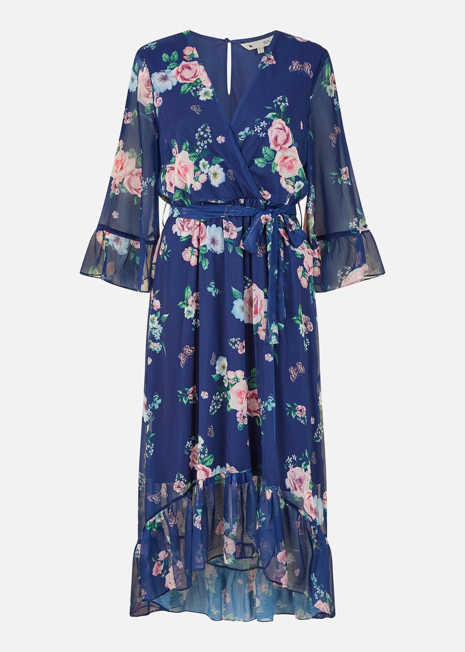 Yumi Floral Wrap Dress With Dipped Hem In Navy - Matalan