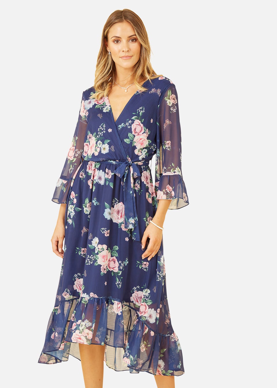 Yumi Floral Wrap Dress With Dipped Hem In Navy