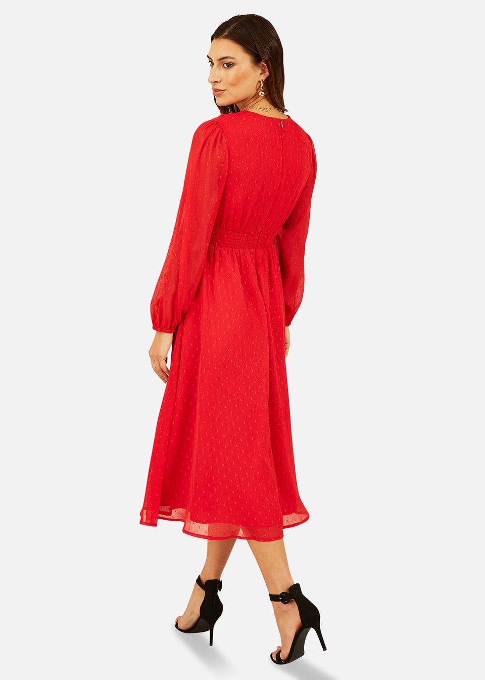 Yumi Metallic Dobby Long Sleeve Midi Dress In Red