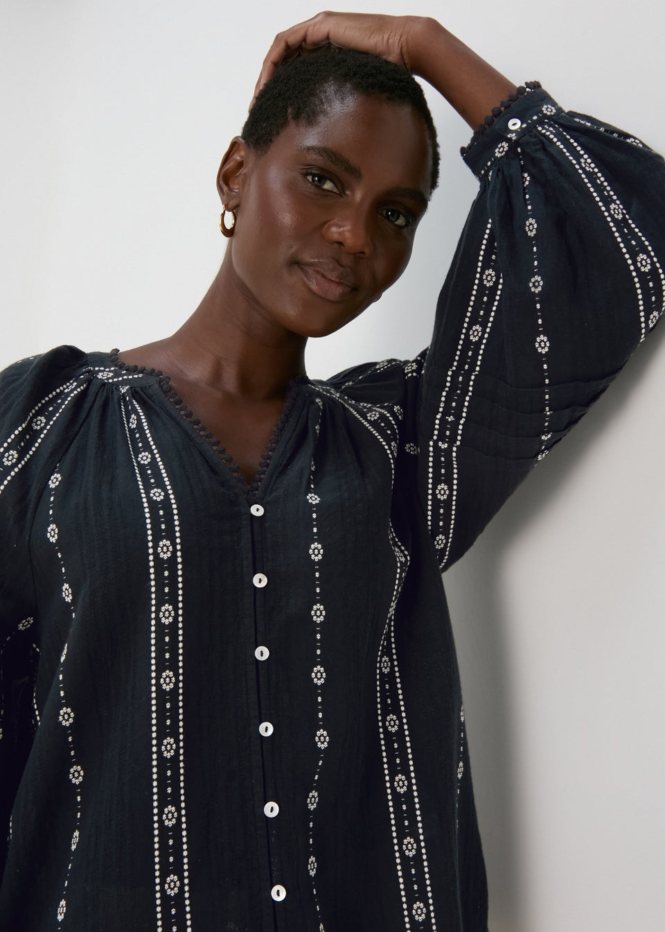 Black Dobby Mono Embroidered Blouse Top