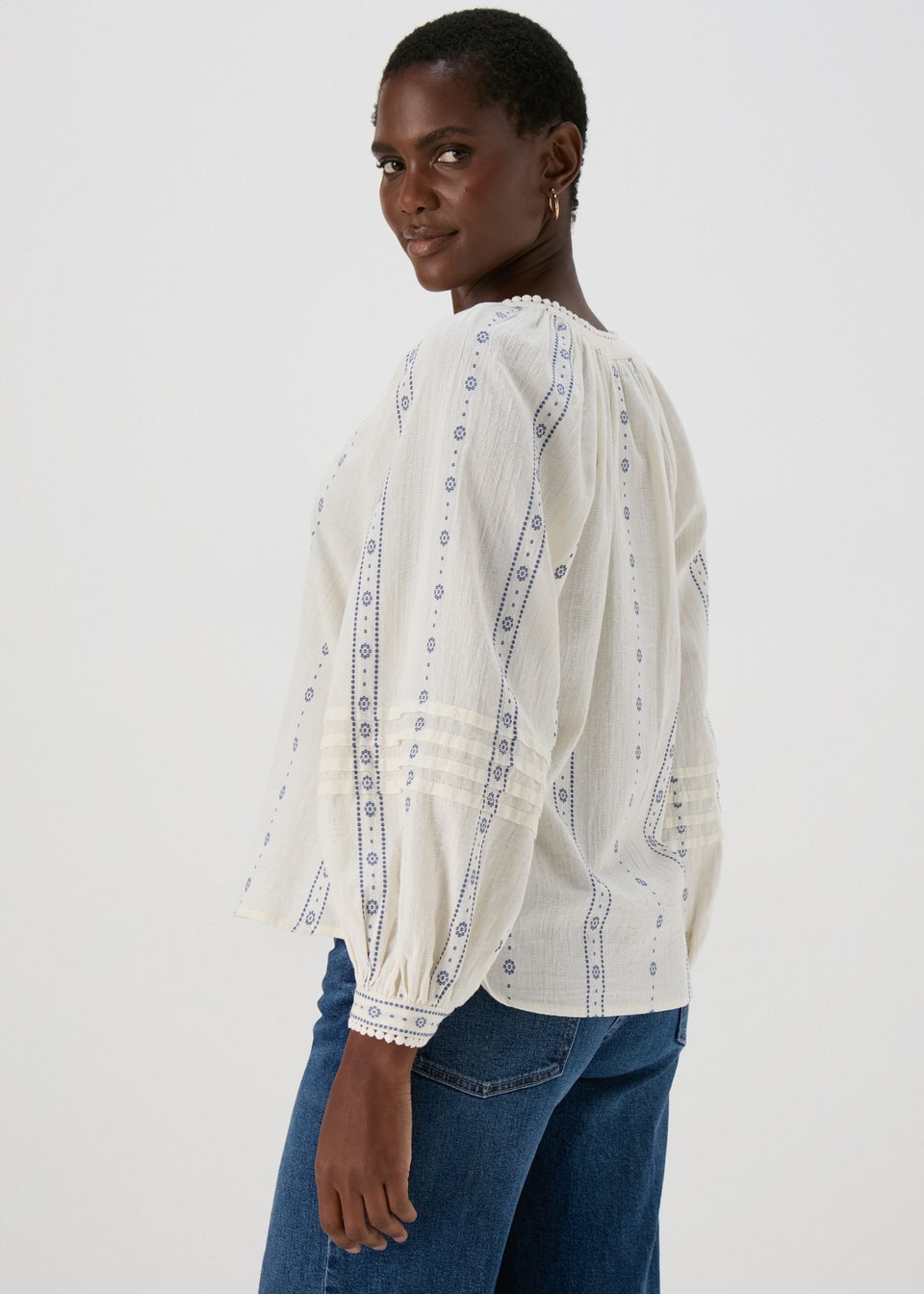 Cream Dobby Embroidered Blouse Top