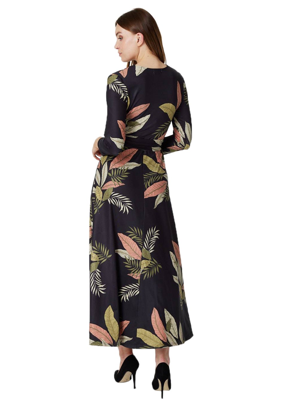 Izabel London Black Leaf Print Wrap Front Maxi Dress