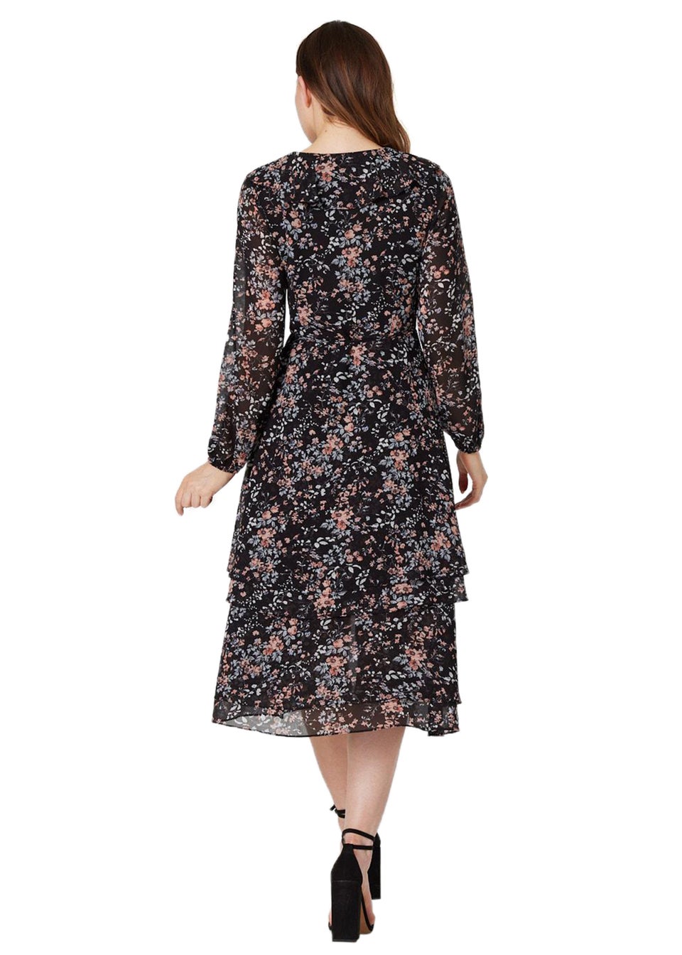 Izabel London Black Floral High Low Wrap Midi Dress - Matalan