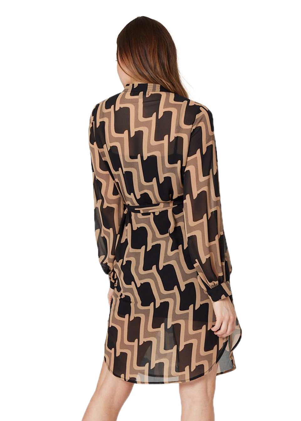 Izabel London Beige Geo Print Long Sleeve Shirt Dress - Matalan