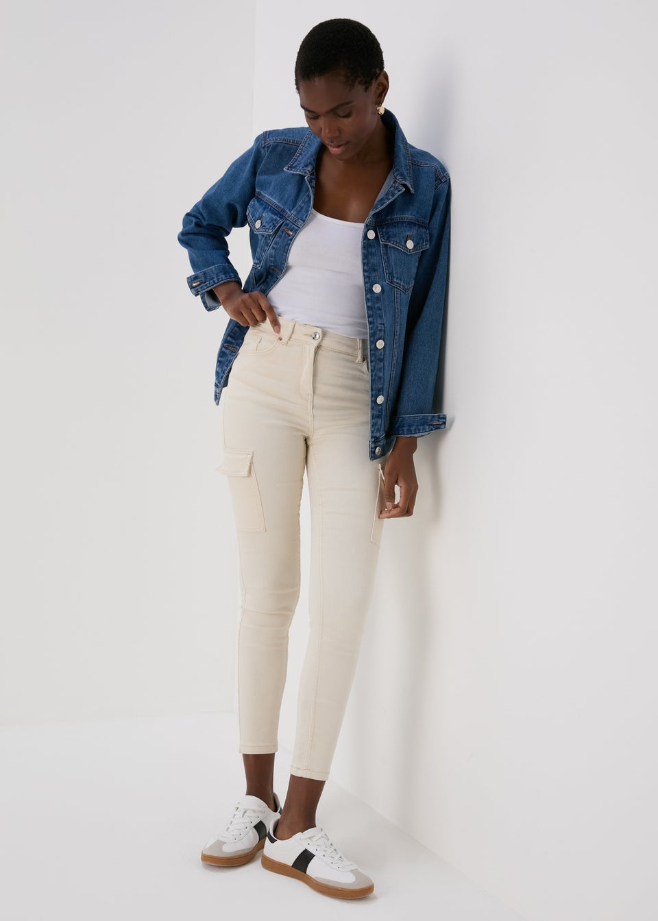 Ecru Skinny Fit Cargo Jeans
