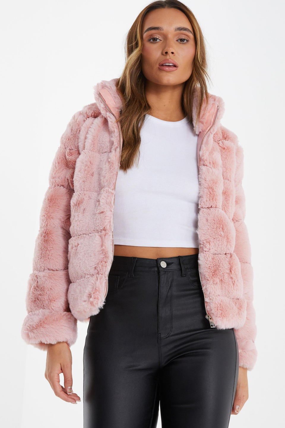 Quiz Pink Faux Fur Short Puffer Jacket