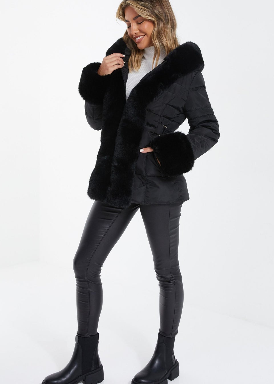 Quiz Black Padded Faux Fur Trim Jacket