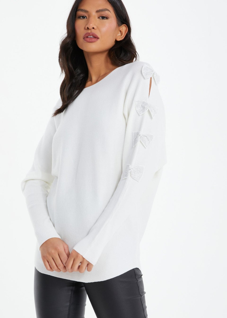 Quiz Ivory Light Knit Diamante Bow Sleeve Jumper Matalan