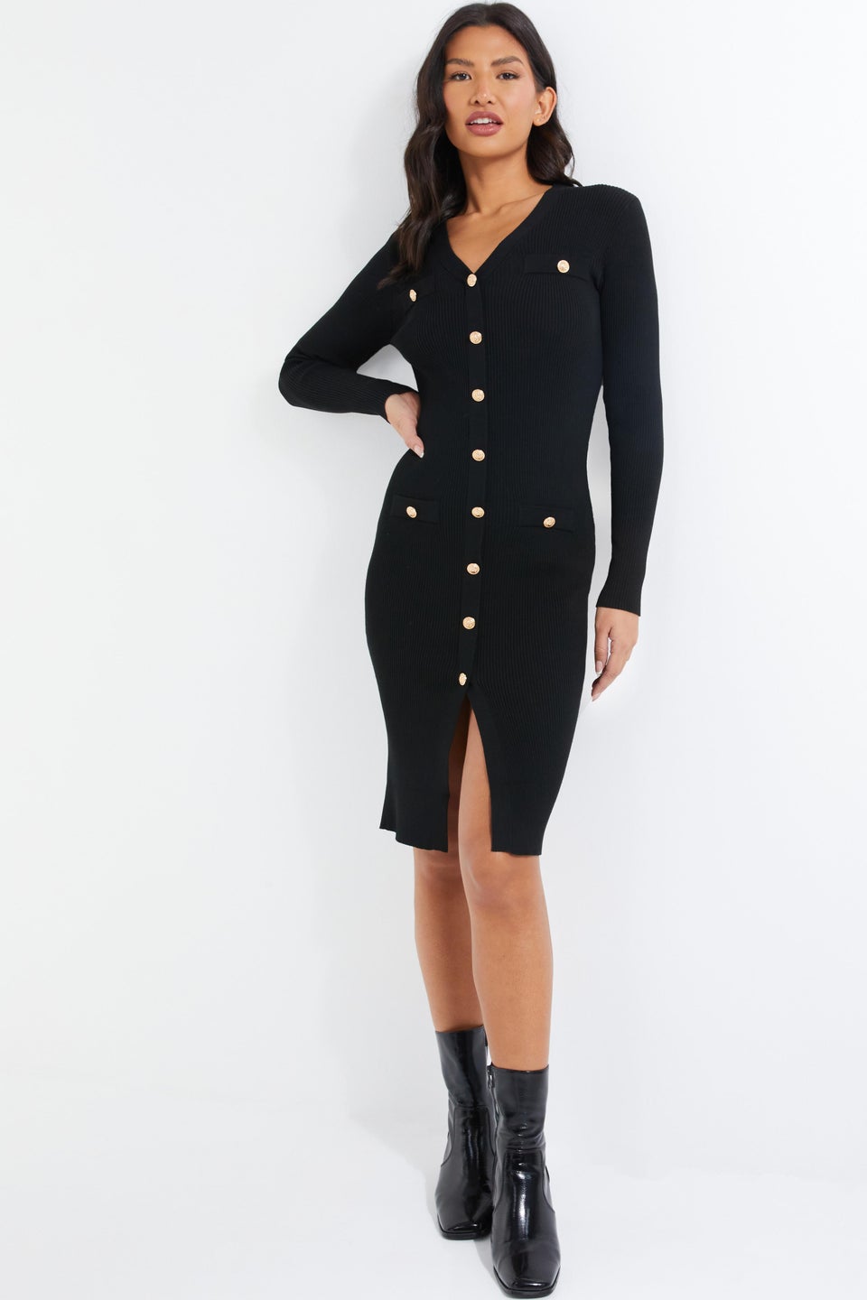 Quiz Black Knitted Button Midi Dress