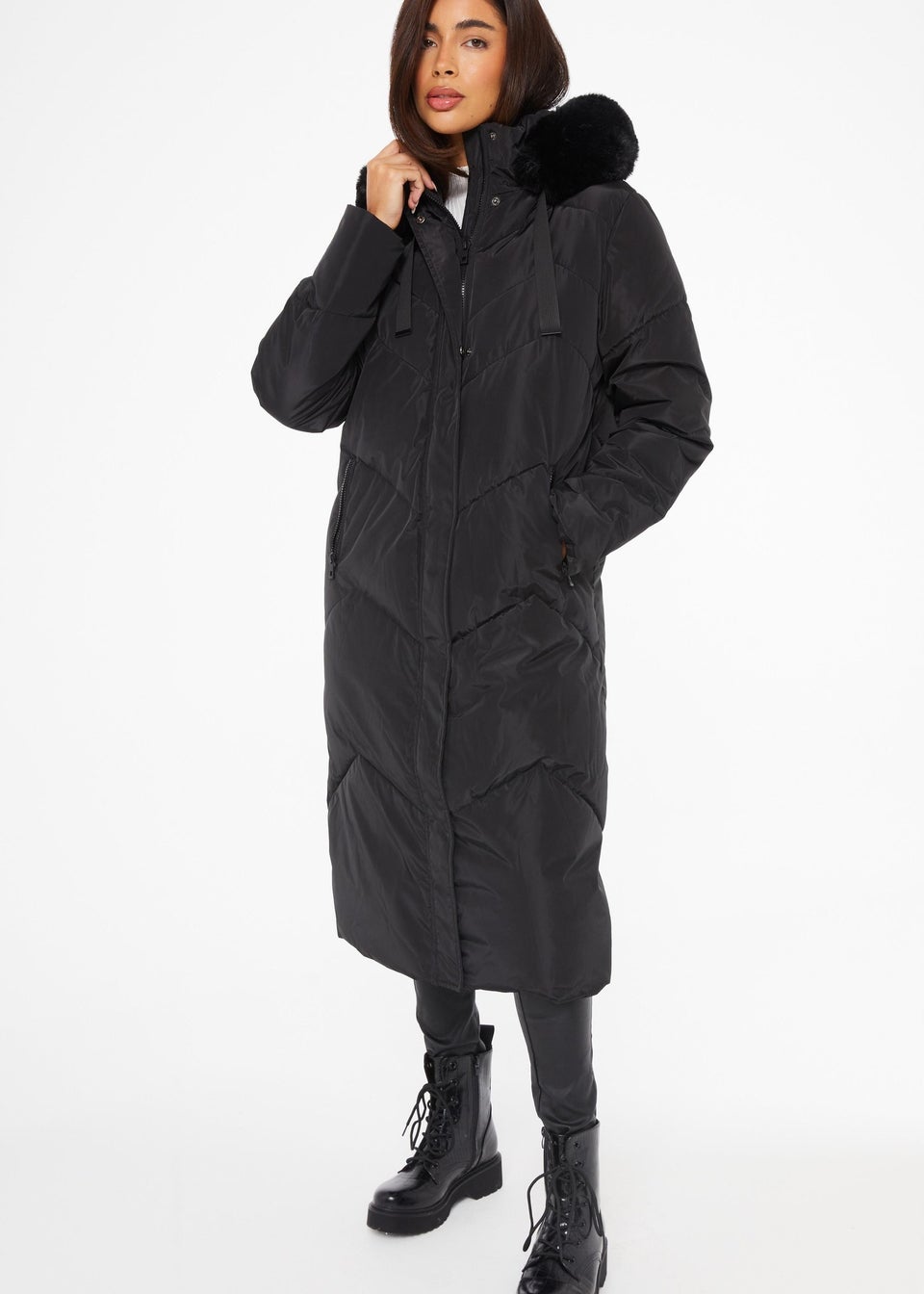 Quiz Black Padded Faux Fur Hood Parka - Matalan