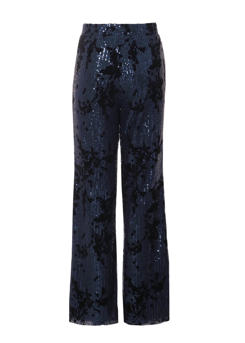 Quiz Blue Sequin Flocked Flared Trousers