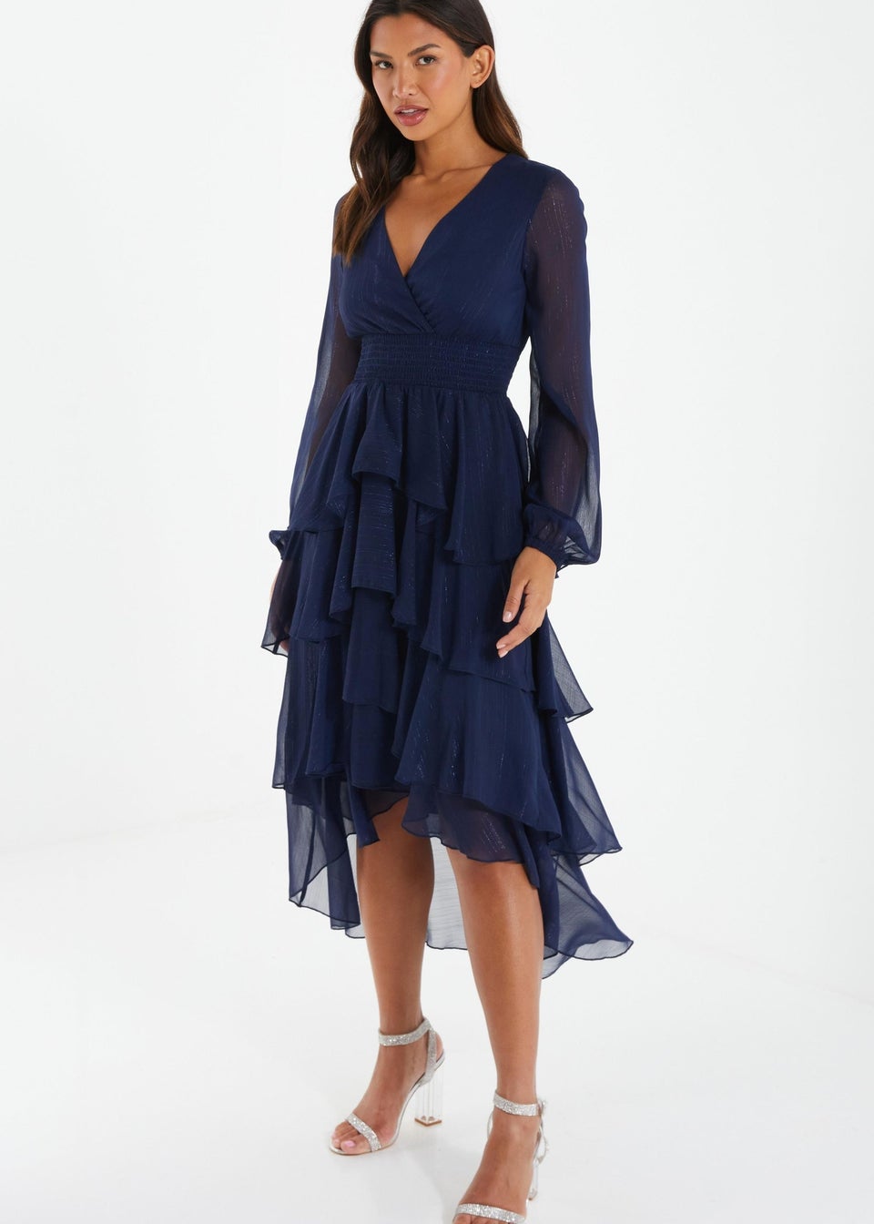 Quiz Blue Long Sleeve Tiered Midi Dress - Matalan