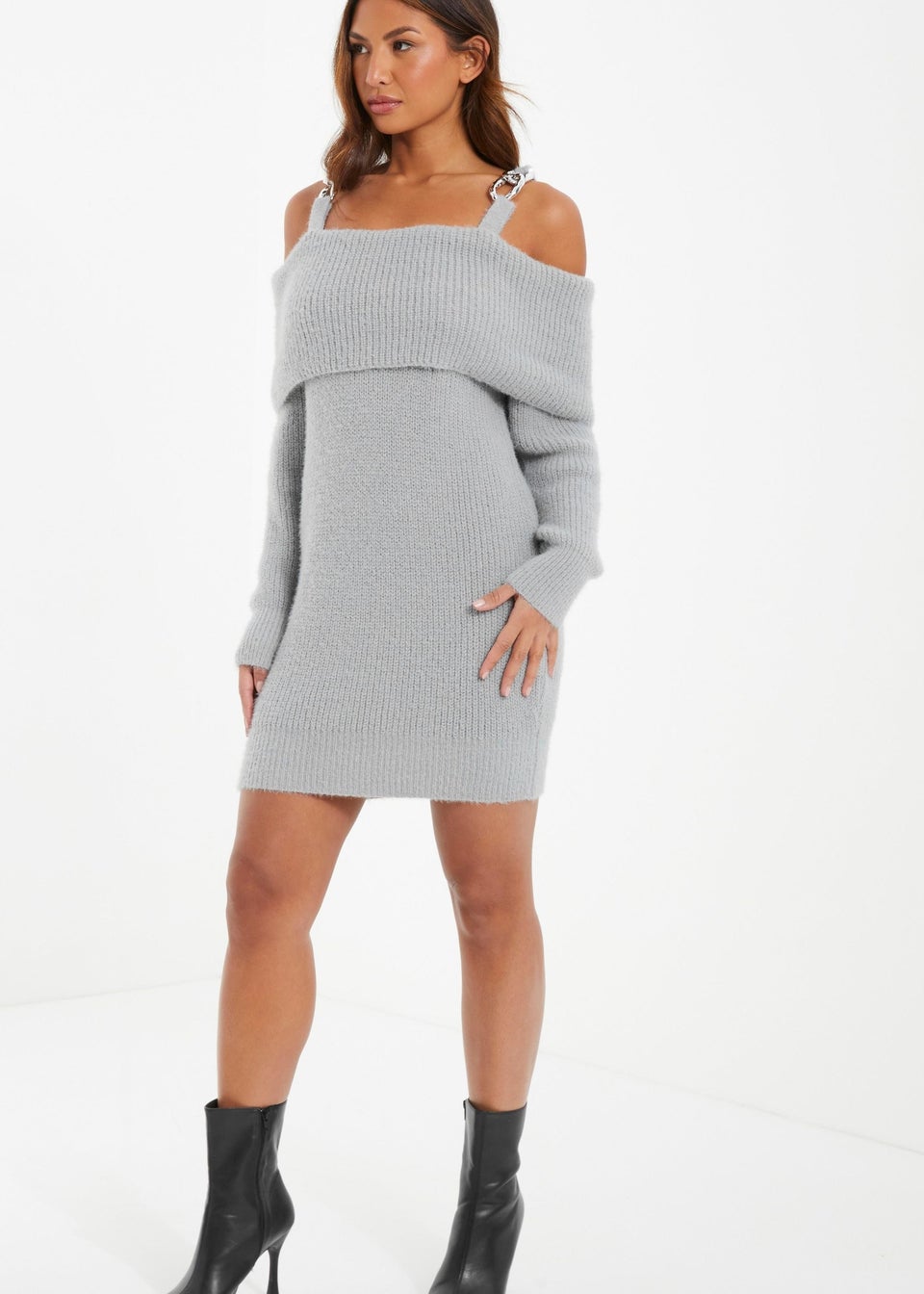 Quiz Grey Knitted Cold Shoulder Jumper Dress