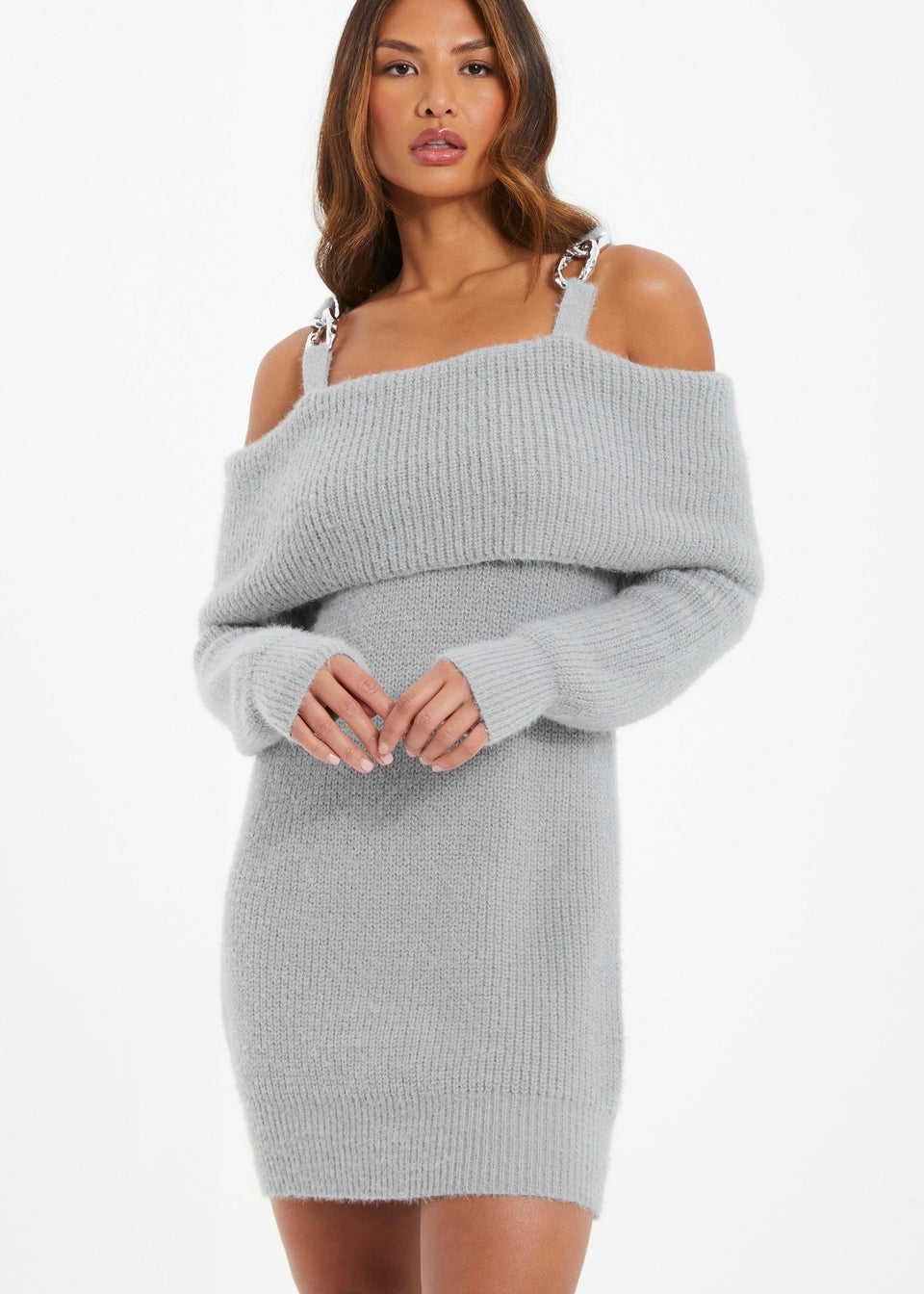 Quiz Grey Knitted Cold Shoulder Jumper Dress