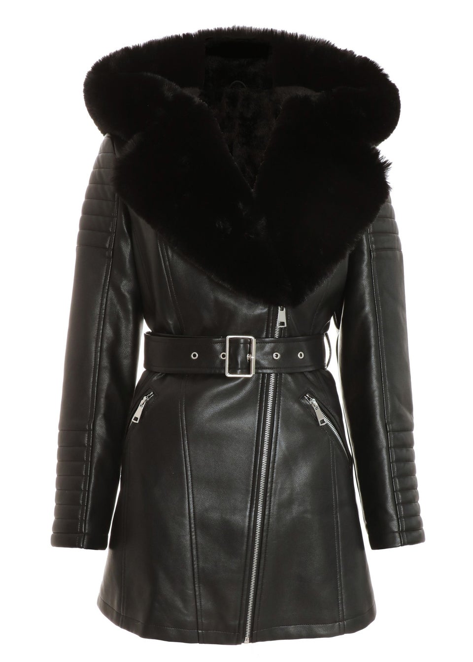 Quiz Black Faux Fur Trim Belted Jacket - Matalan