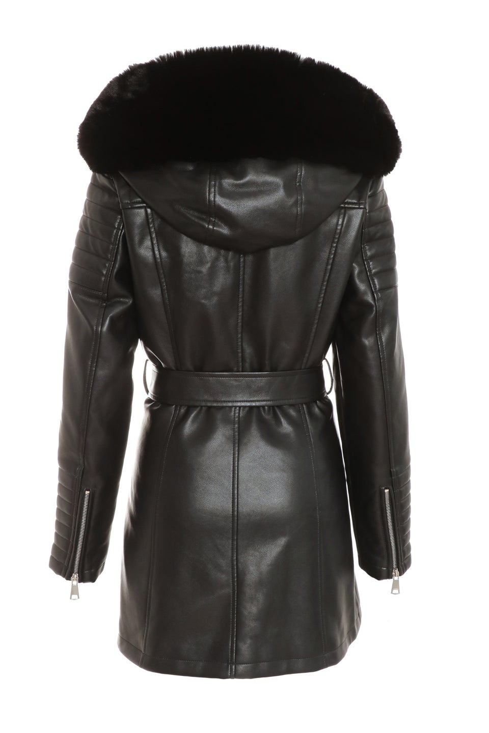 Quiz Black Faux Fur Trim Belted Jacket Matalan