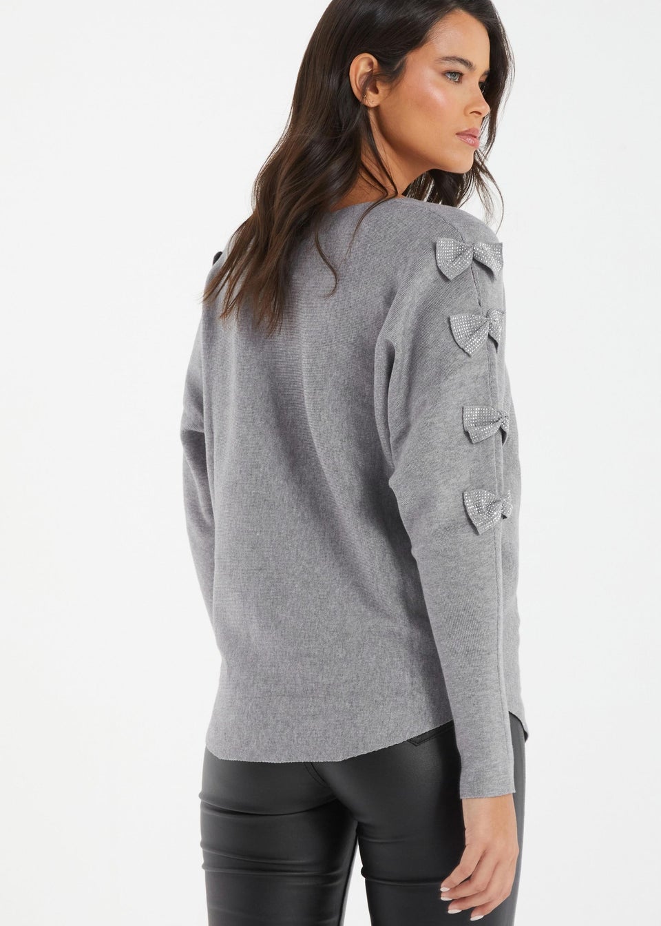 Quiz Grey Knit Diamante Bow Sleeve Jumper Matalan