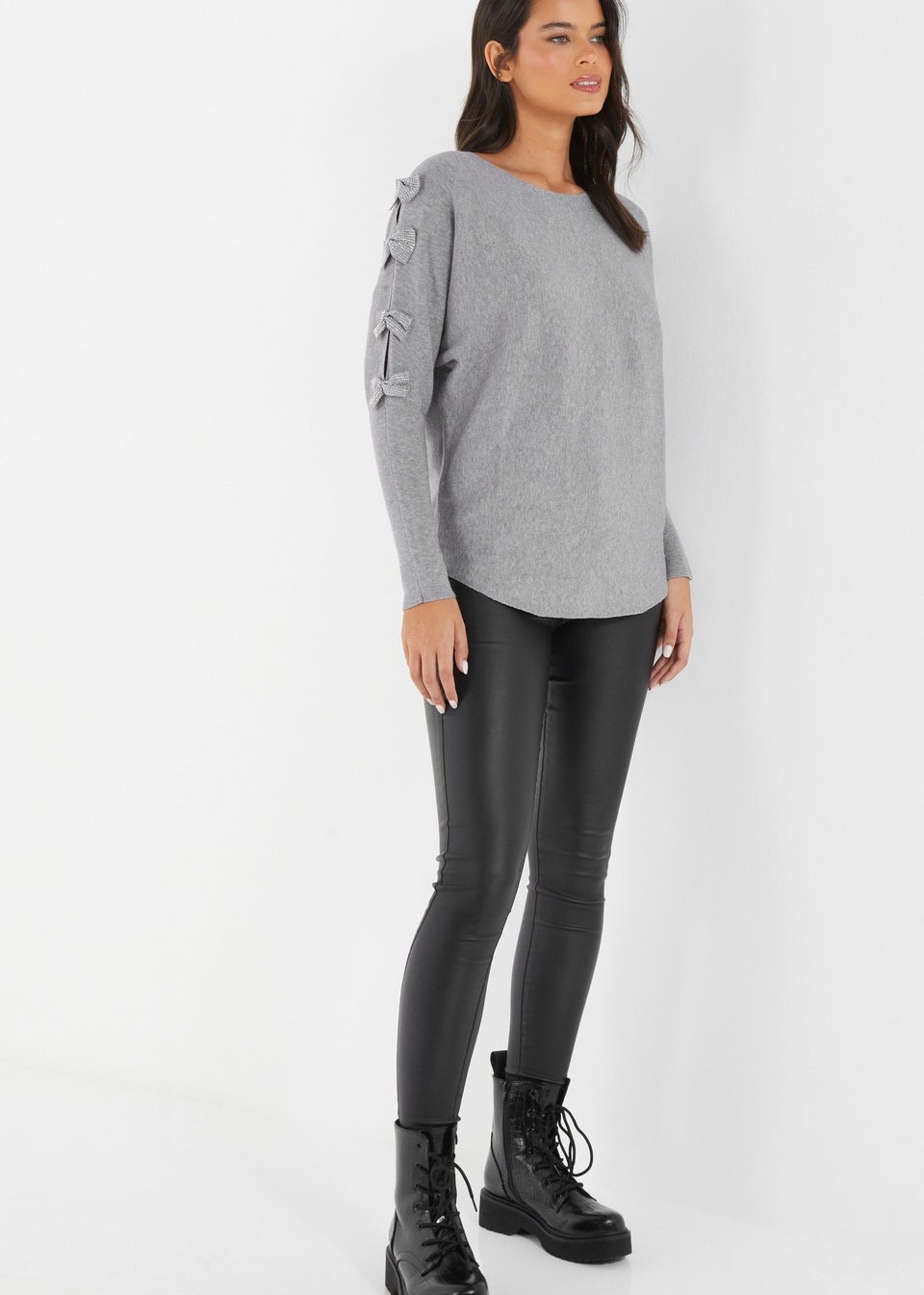 Quiz Grey Knit Diamante Bow Sleeve Jumper Matalan