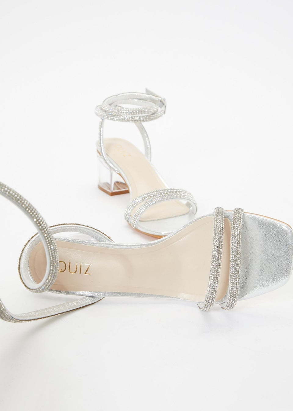 Quiz Silver Faux Leather Diamante Clear Low Heeled Sandals