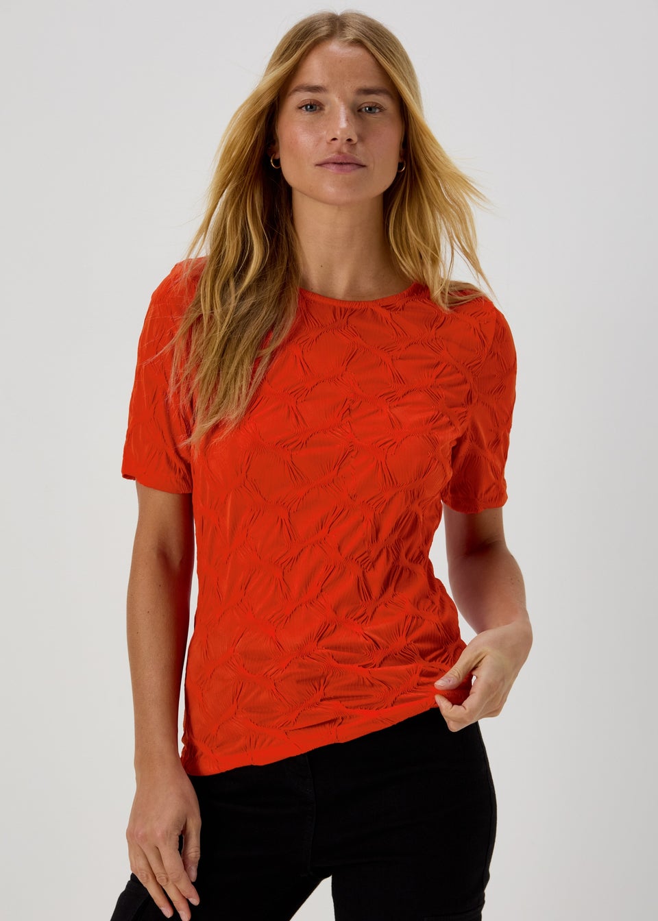 Red Textured Short Sleeve Top