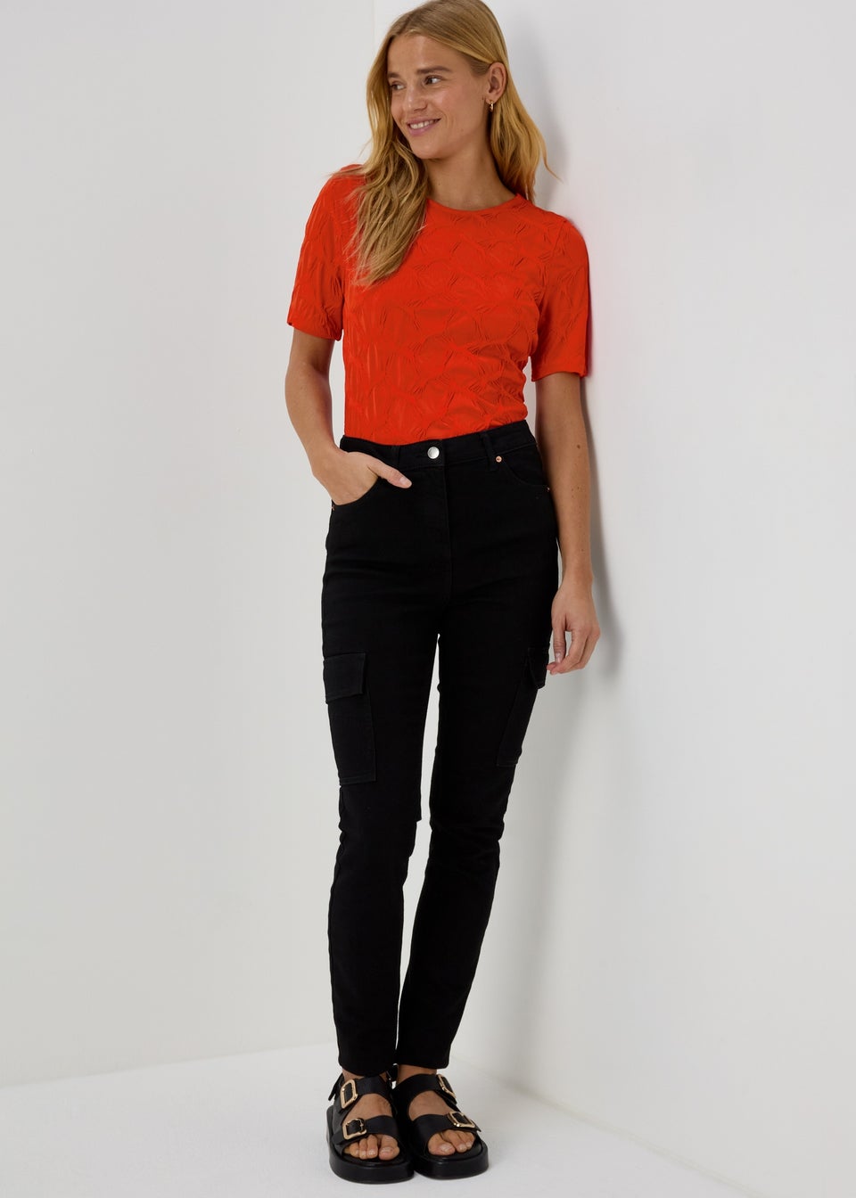 Red Textured Short Sleeve Top