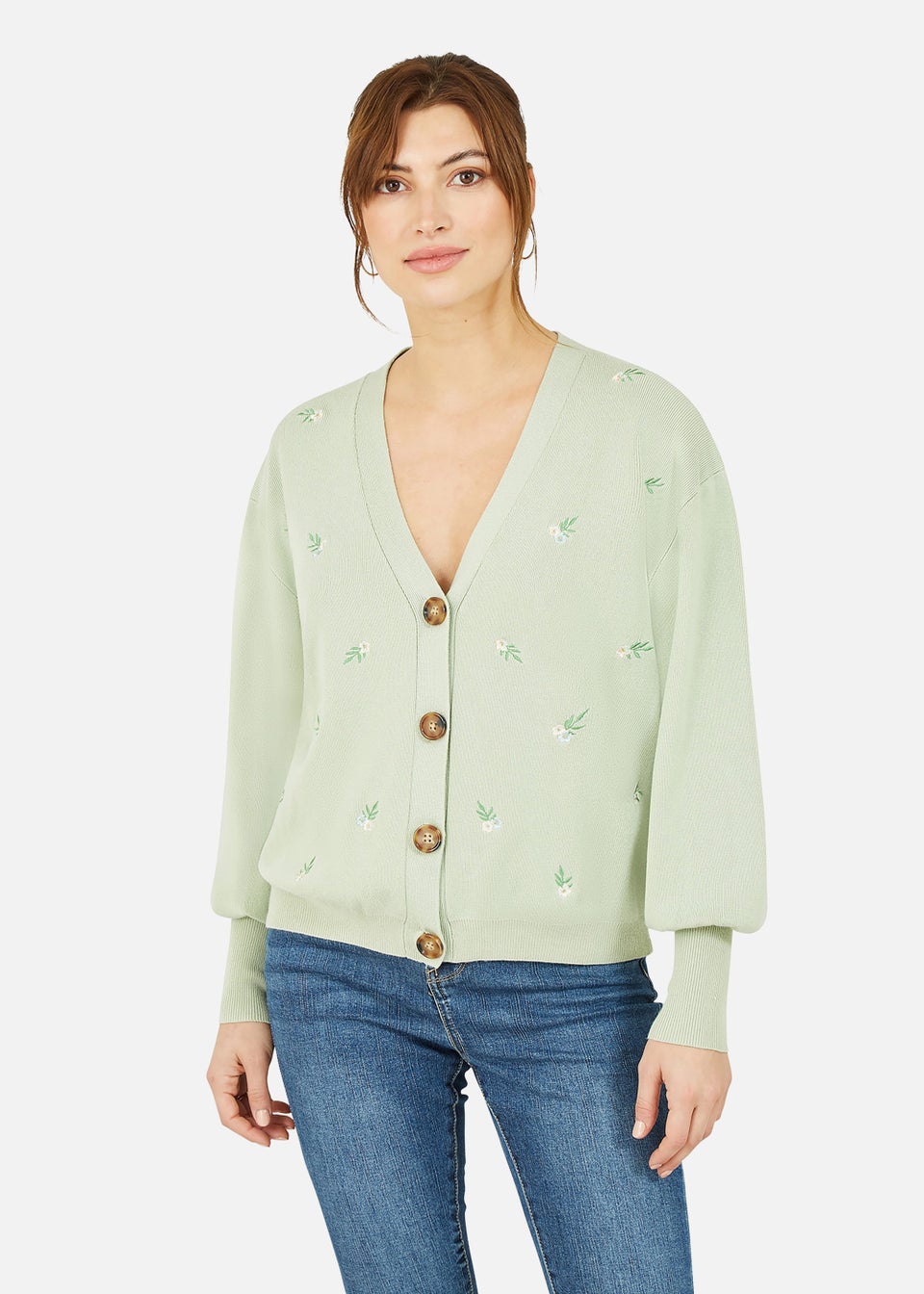 Yumi Green Embroidered Daisy Cardigan