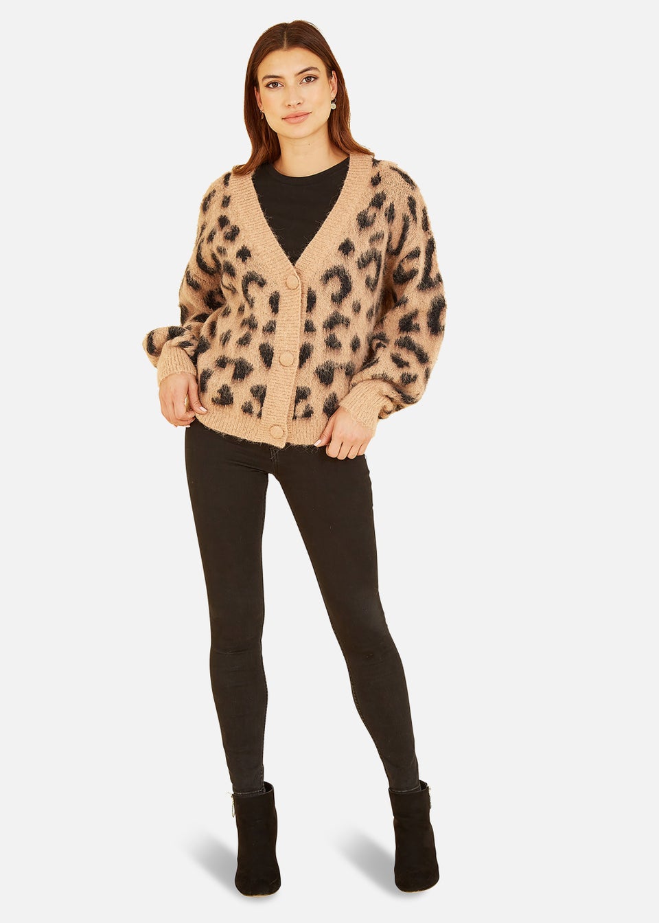 Yumi Brown Leopard Intarsia Button Up Cardigan