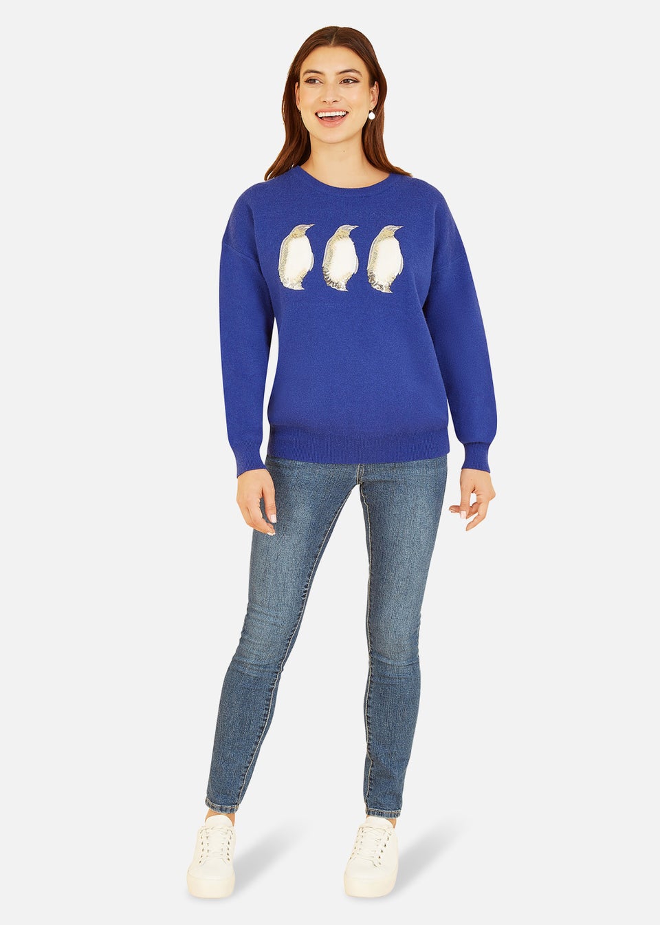 Yumi Blue Xmas Festive Penguin Knitted Jumper