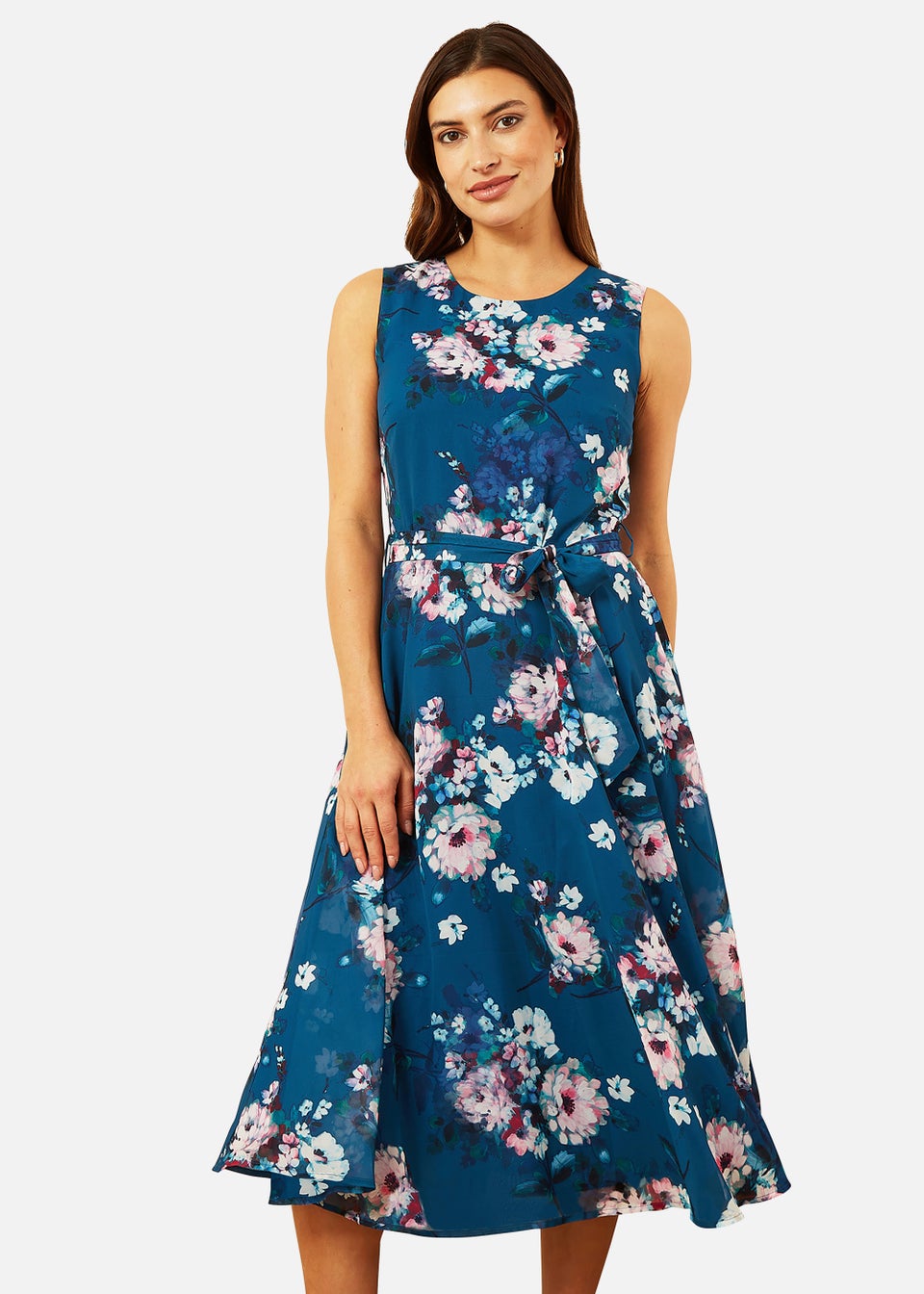 Yumi Watercolour Floral Skater Dress In Teal