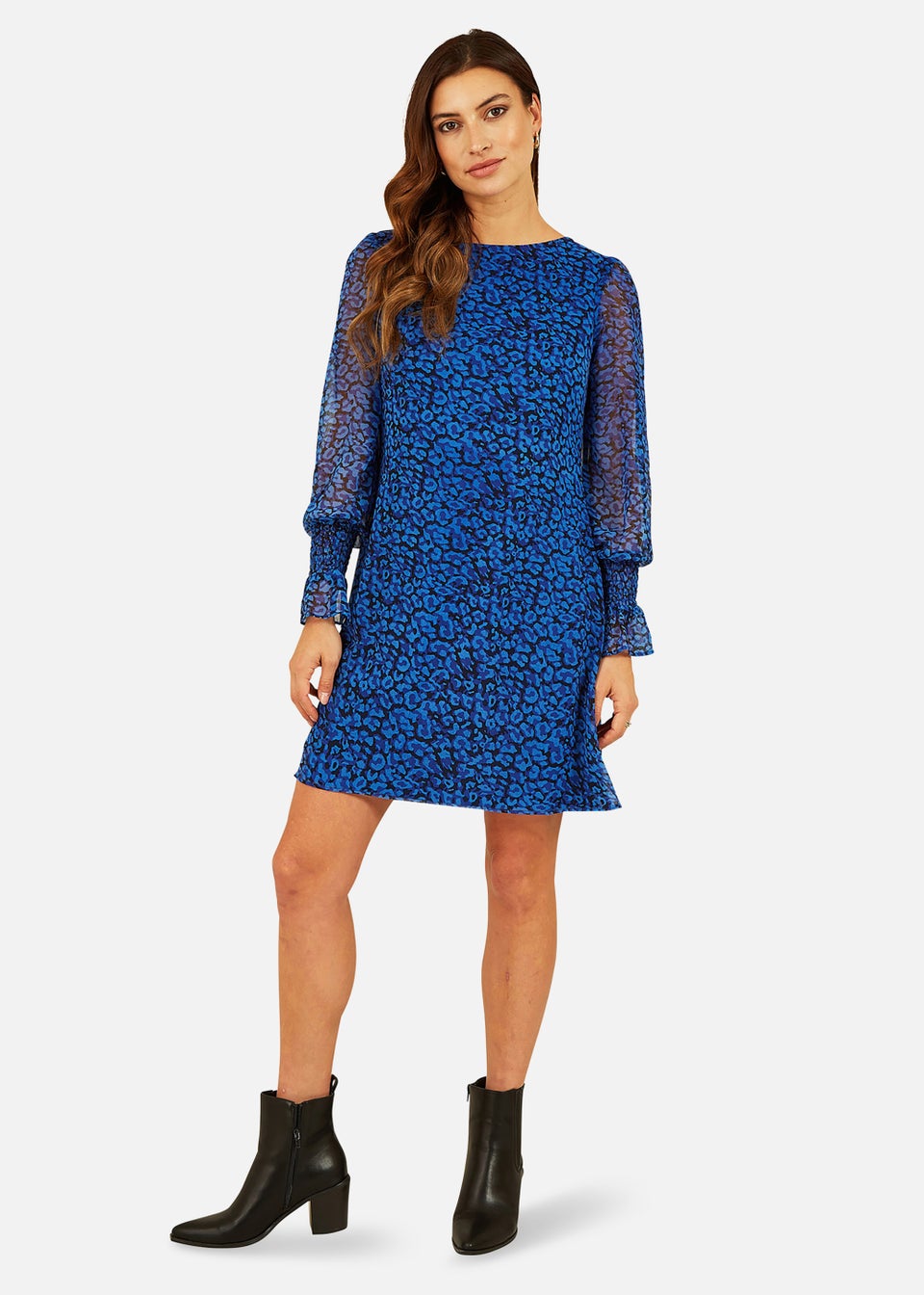 Yumi Blue Recyled Animal Print Long Sleeve Tunic Dress