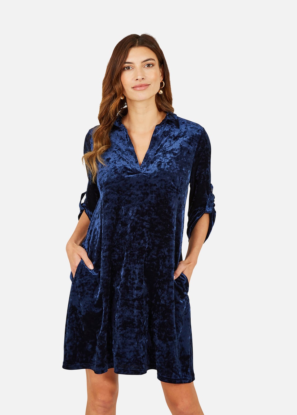 Yumi Navy Velvet Tunic Dress With 3/4 Sleeves - Matalan