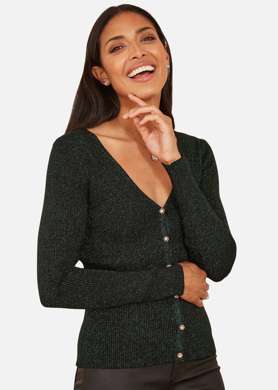 Yumi Green Lurex Sparkle Button Cardigan