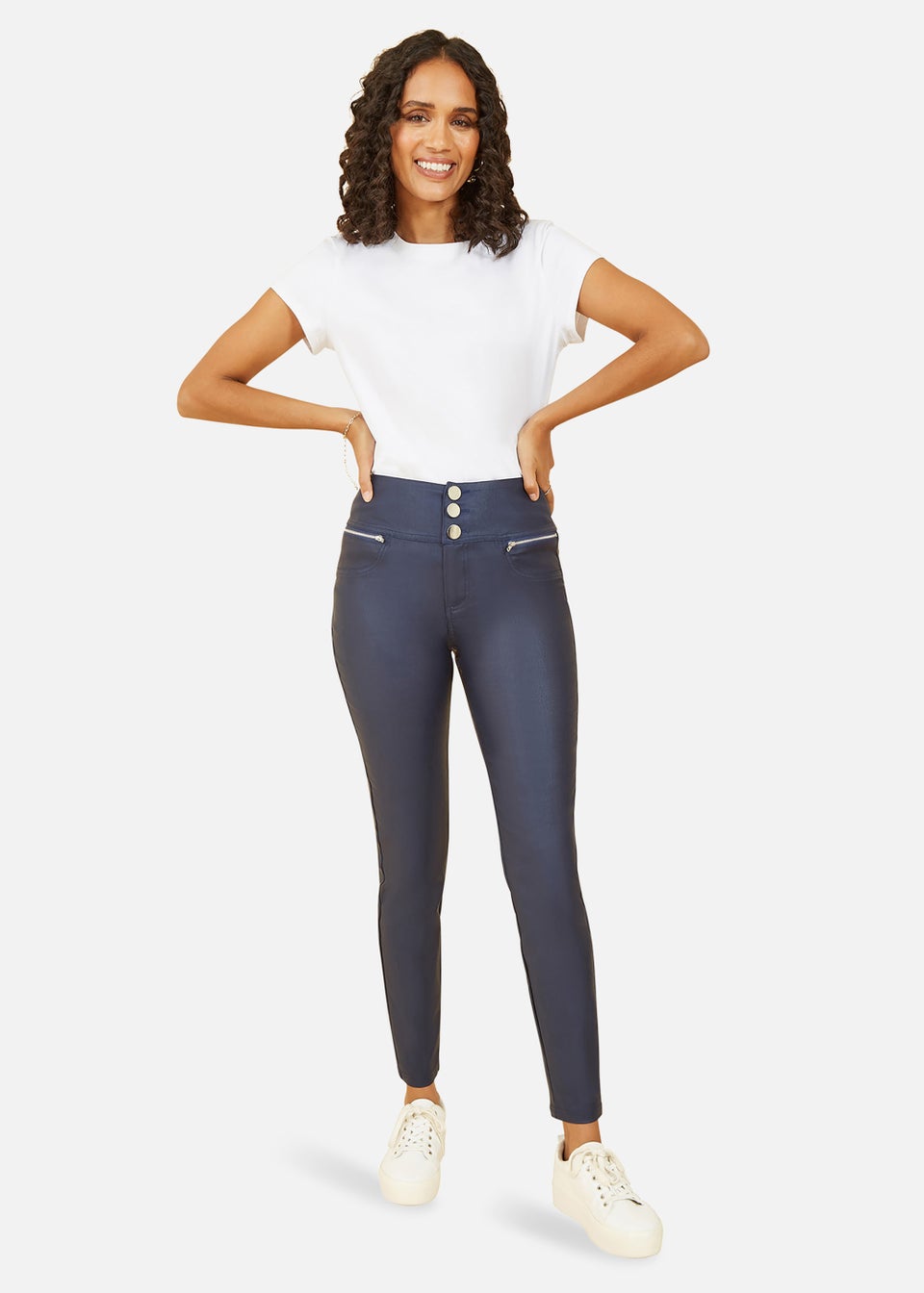 Yumi Wet Look Jegging With Zips in Navy