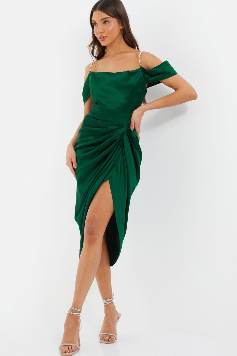 Quiz Green Satin Ruched Cold Shoulder Midi Dress - Matalan