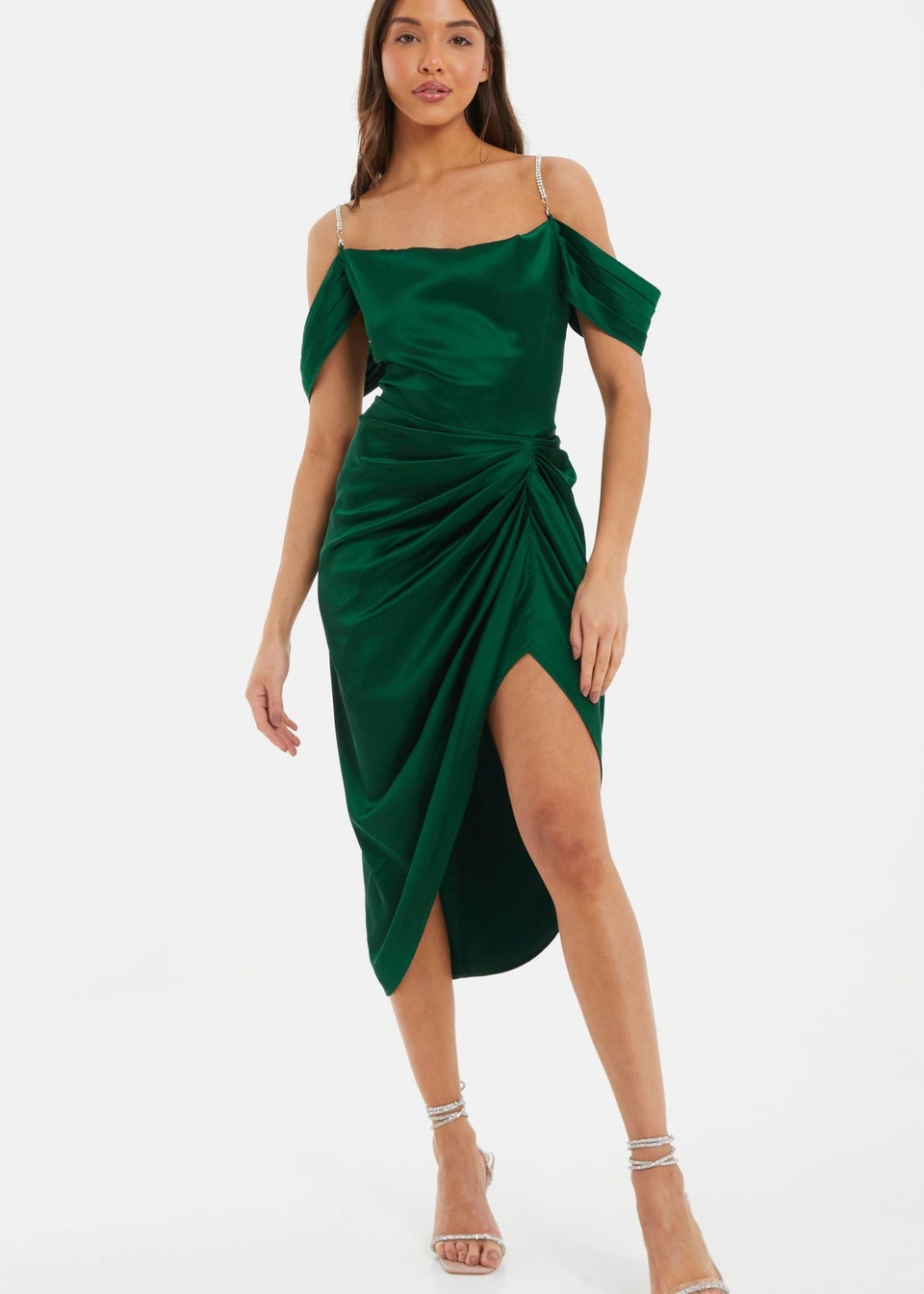 Quiz Green Satin Ruched Cold Shoulder Midi Dress - Matalan