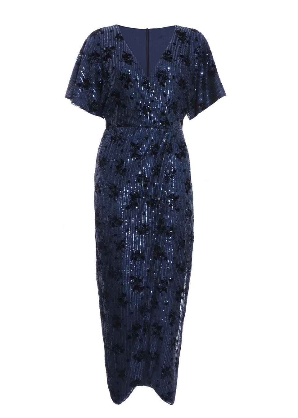 Quiz Blue Floral Sequin Wrap Batwing Midi Dress Matalan