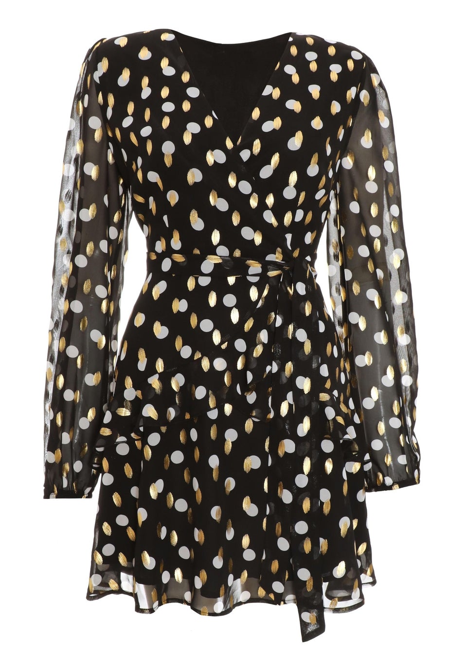 Quiz Black Polka Dot Foil Wrap Skater Dress
