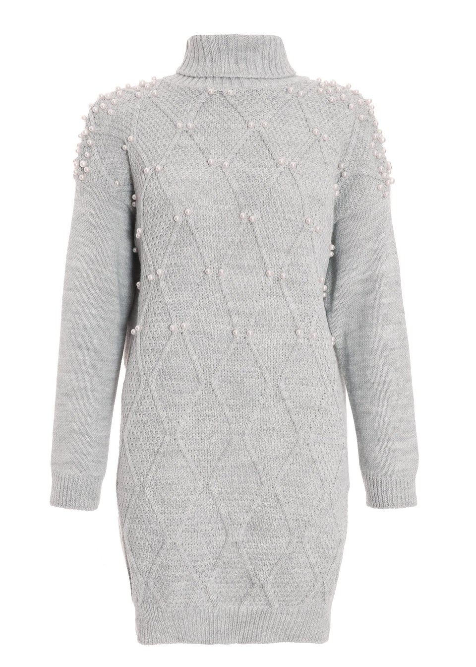 Quiz Grey Knitted Pearl Embellished Jumper Dress